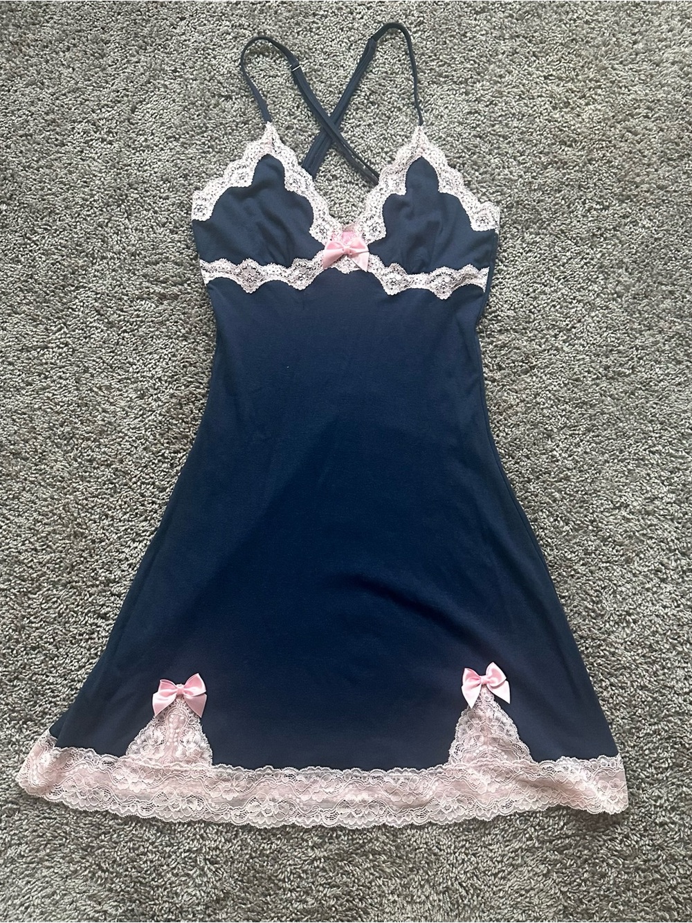 Sugar Thrillz Navy Slip Dress with Pink Lace Trim - Picture 1 of 5